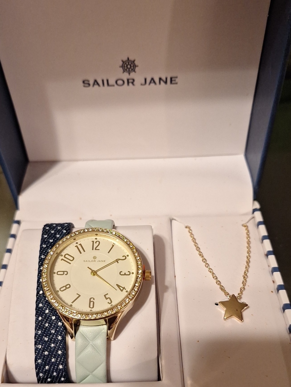 Mint Leather Women’s Watch with Gold Crystal Bezel